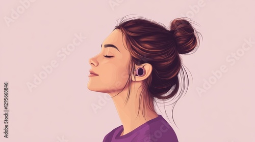 Wallpaper Mural minimalist vector illustration, side profile of woman with brown hair bun, wearing purple top, listening to binaural microphone, closed eyes, relaxed expression, soft color palette, clean lines, Torontodigital.ca