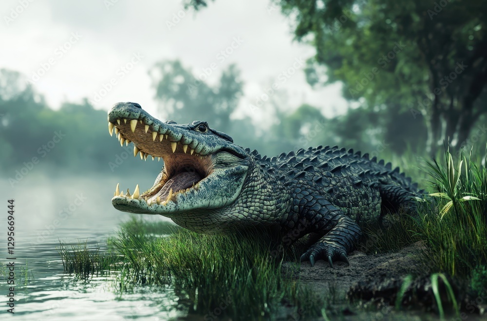 Obraz premium Majestic Alligator Resting by Serene Waters Amidst Lush Greenery and Morning Mist in a Peaceful Natural Habitat