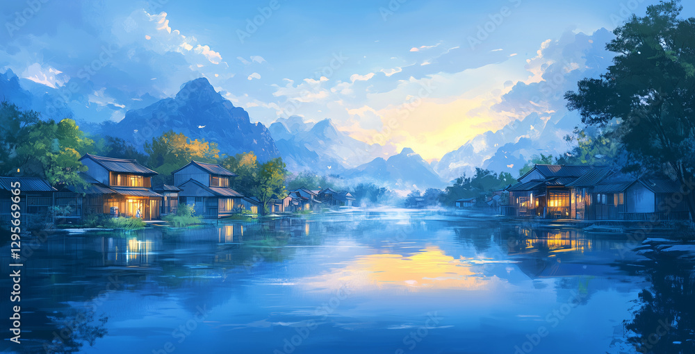 Fototapeta premium Serene Asian Village at Sunrise Mountain Lake Houses Reflection