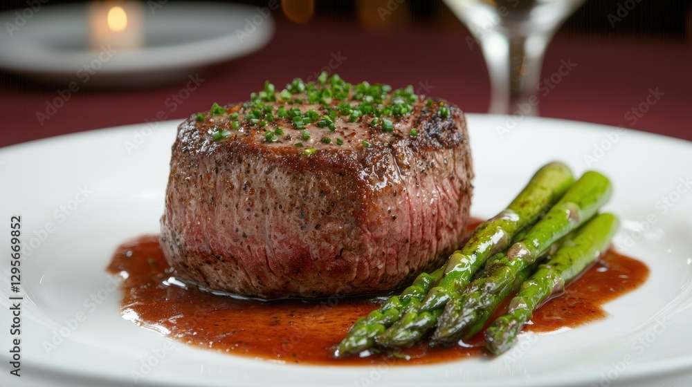 Delicious filet mignon steak with asparagus and sauce on a white plate. Fine dining concept. Delicious filet mignon steak with asparagus and sauce on a white plate. Fine dining concept.
