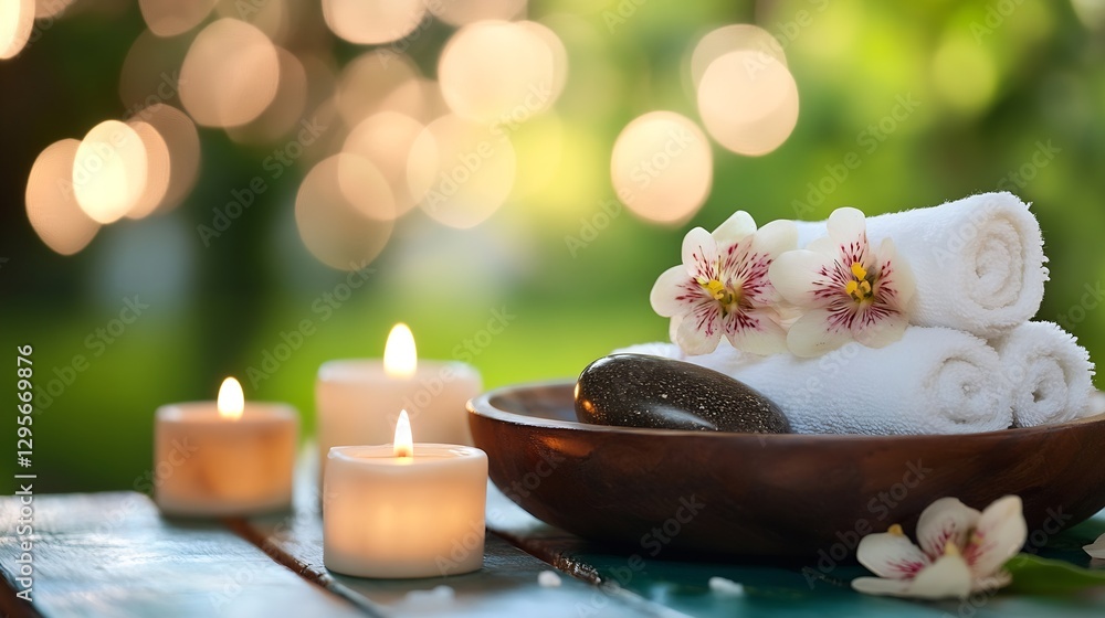 Relaxing spa setting with rolled towels and candles for a peaceful retreat experience : Generative AI Relaxing spa setting with rolled towels and candles for a peaceful retreat experience : Generative AI