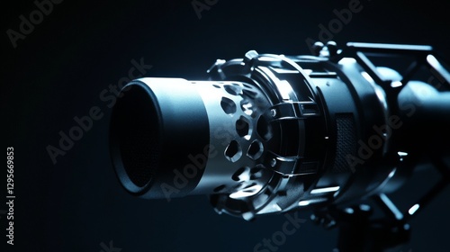 broadcast quality microphone, acoustically treated space, premium audio equipment, sophisticated mounting system, professional studio lighting, deep contrast, intricate mechanical details, expert