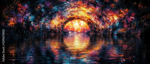 In the heart of an inky void, vibrant neon circular arcs mirrored their luminescence in the dark water surface below, creating a spectacle of light and shadow in a mesmerizing dance of colors. 