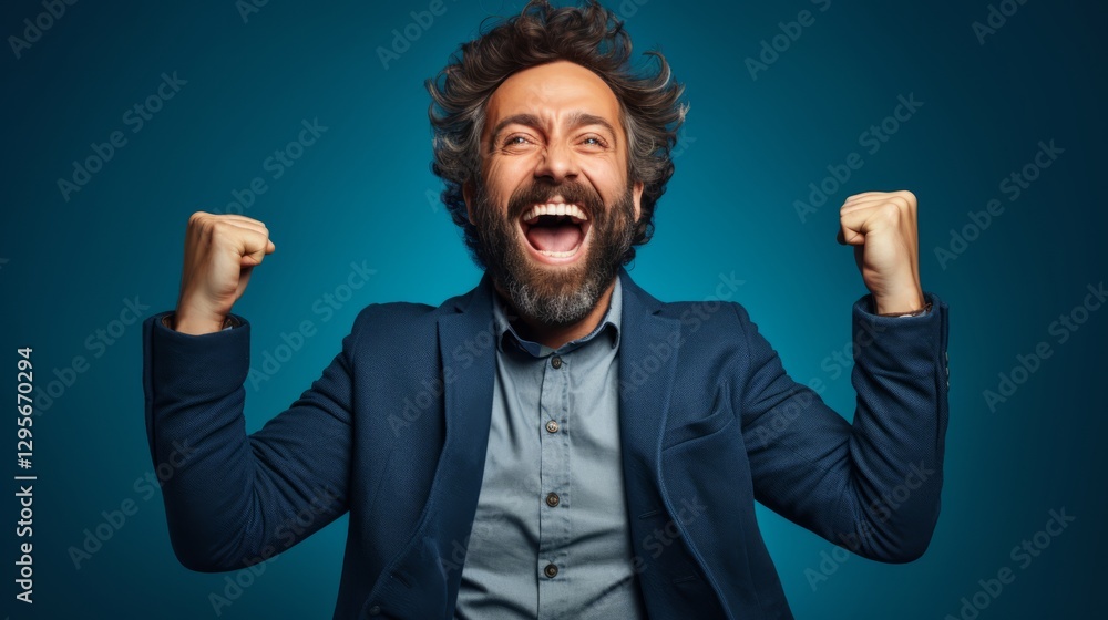 Excited Bearded Businessman in a Blue Suit Cheering with Raised Fists Against a Vibrant Blue Background Excited Bearded Businessman in a Blue Suit Cheering with Raised Fists Against a Vibrant Blue Background