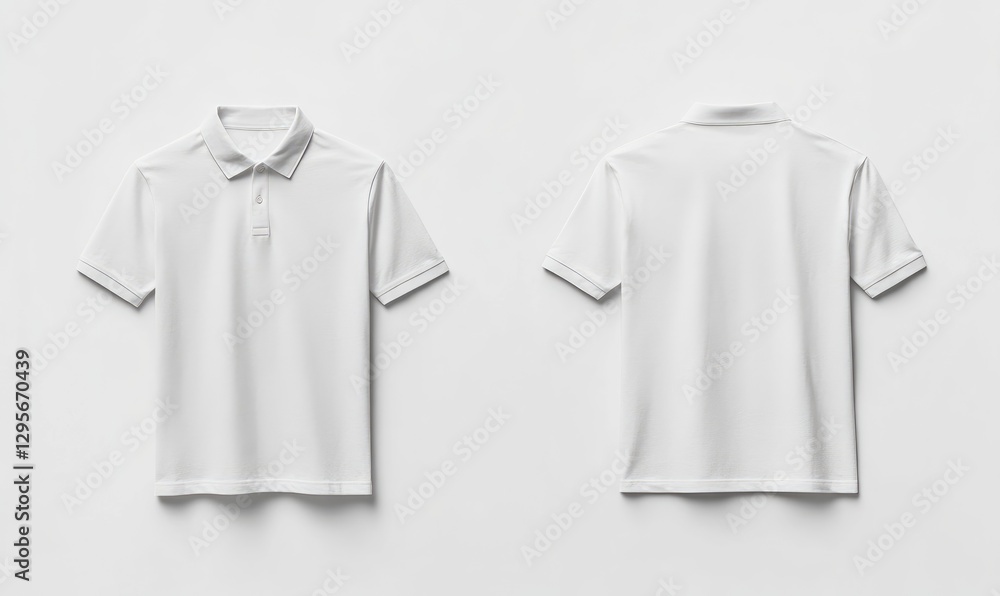 Blank white polo shirt mockup, front and back view, on white background Blank white polo shirt mockup, front and back view, on white background