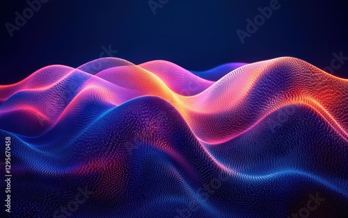 Three-dimensional abstract layers, in hues of vibrant blue, purple, and orange, danced and shifted in dynamic motion against a vast, azure sky, creating a captivating visual spectacle. 