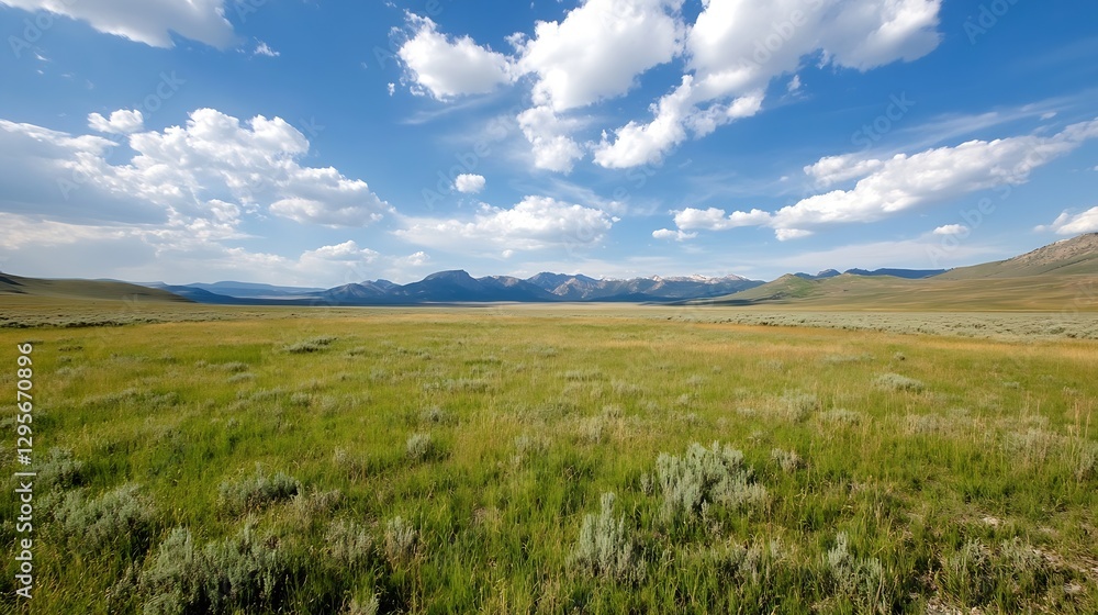 Expansive Natural Landscape Under Bright Blue Sky with Fluffy Clouds in Background : Generative AI Expansive Natural Landscape Under Bright Blue Sky with Fluffy Clouds in Background : Generative AI