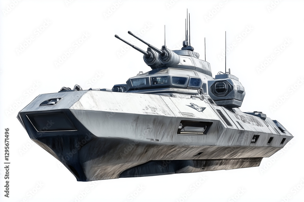 Fototapeta premium Futuristic Military Warship Grey Battleship Sci Fi Gunboat Armed Vessel Naval Combat Ship