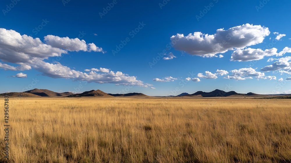 Vast Golden Prairie Landscape Under Blue Sky with Fluffy Clouds in a Peaceful Countryside Setting : Generative AI Vast Golden Prairie Landscape Under Blue Sky with Fluffy Clouds in a Peaceful Countryside Setting : Generative AI
