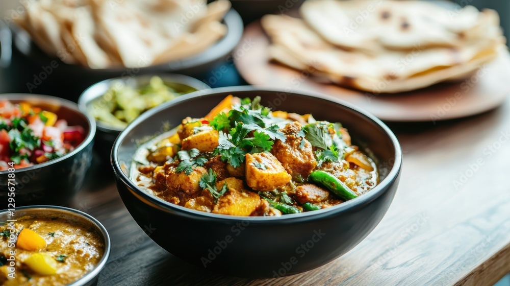 Delicious Indian paneer butter masala with naan bread and various dips. Indian cuisine concept. Delicious Indian paneer butter masala with naan bread and various dips. Indian cuisine concept.