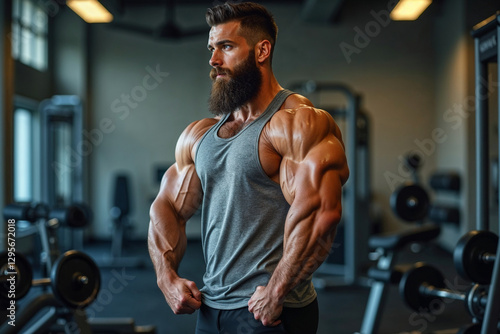 A muscular athlete stands confidently in a well-lit gym, flexing his arms to display powerful biceps and triceps. The ambiance highlights the dedication to fitness and strength photo