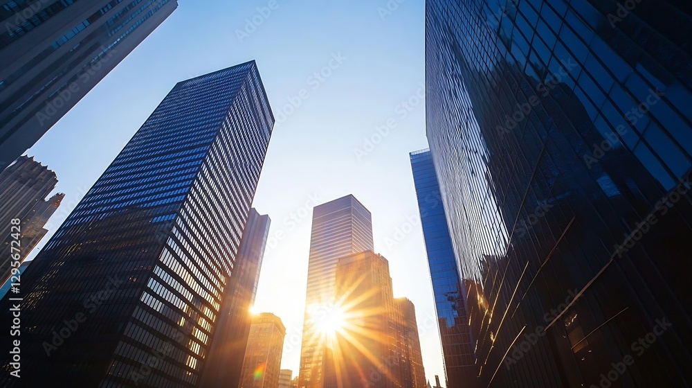 Stunning Urban Skyline with Sun Rays Piercing Between High Rise Buildings : Generative AI Stunning Urban Skyline with Sun Rays Piercing Between High Rise Buildings : Generative AI