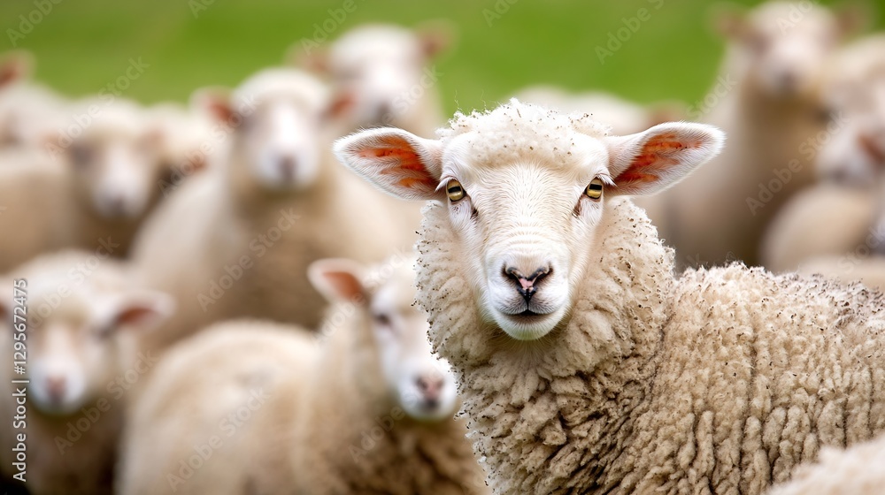 Close up of a sheep looking towards the camera with a herd of sheep in a lush green pasture : Generative AI
