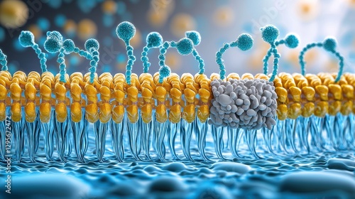 A 3D rendering unveils the intricate structure of a cell membrane, revealing its diverse components: glycoproteins and glycolipids, cholesterol, peripheral proteins embedded within the lipid 