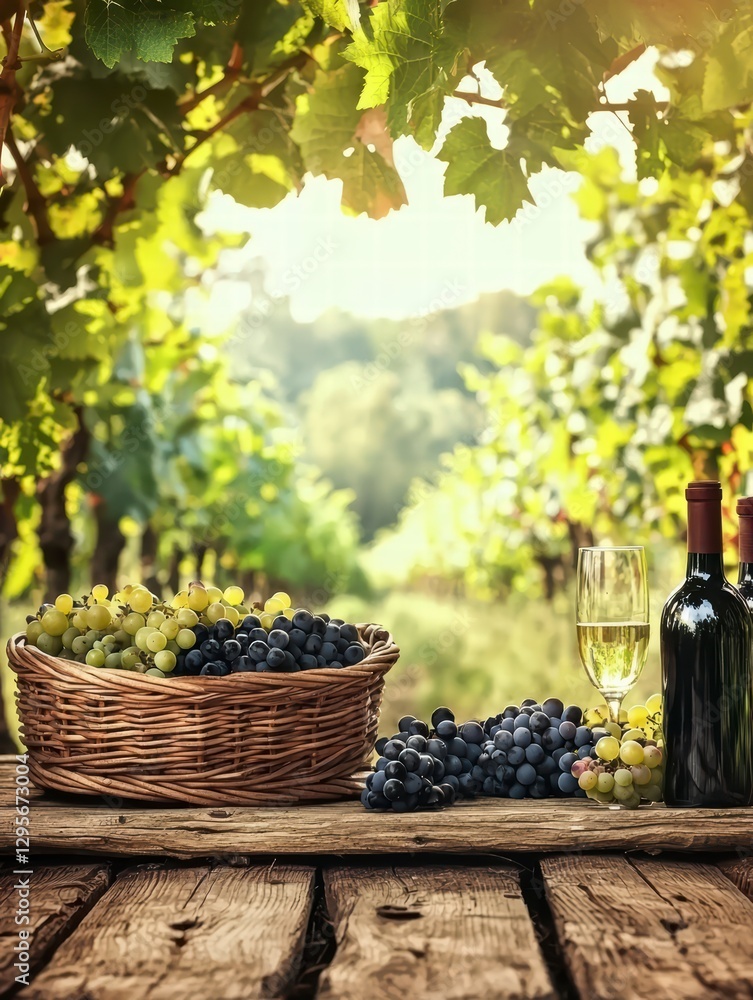 Fototapeta premium Vineyard Harvest: A still life of grapes in a basket alongside a glass of wine and a bottle, sitting on a rustic wooden table in a vineyard under the bright sun.