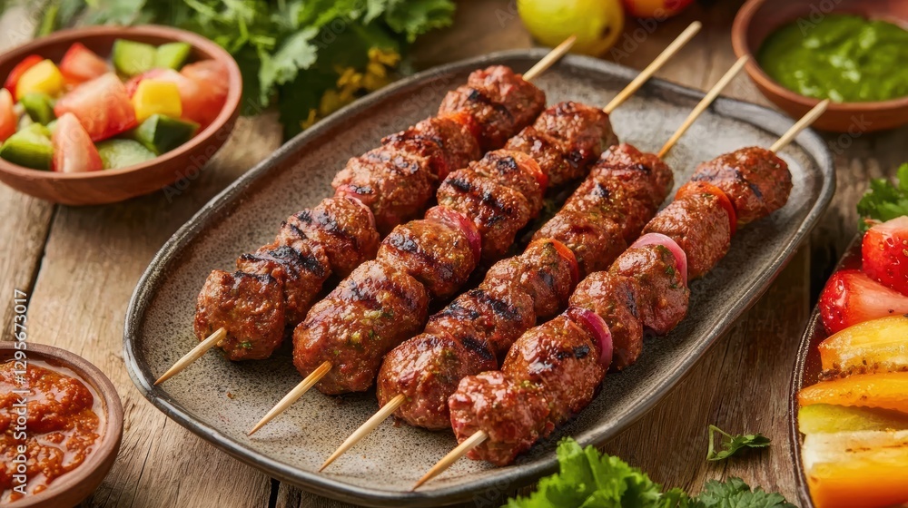 Delicious seekh kebab served with fresh salad and chutney. Traditional Indian cuisine. Delicious seekh kebab served with fresh salad and chutney. Traditional Indian cuisine.