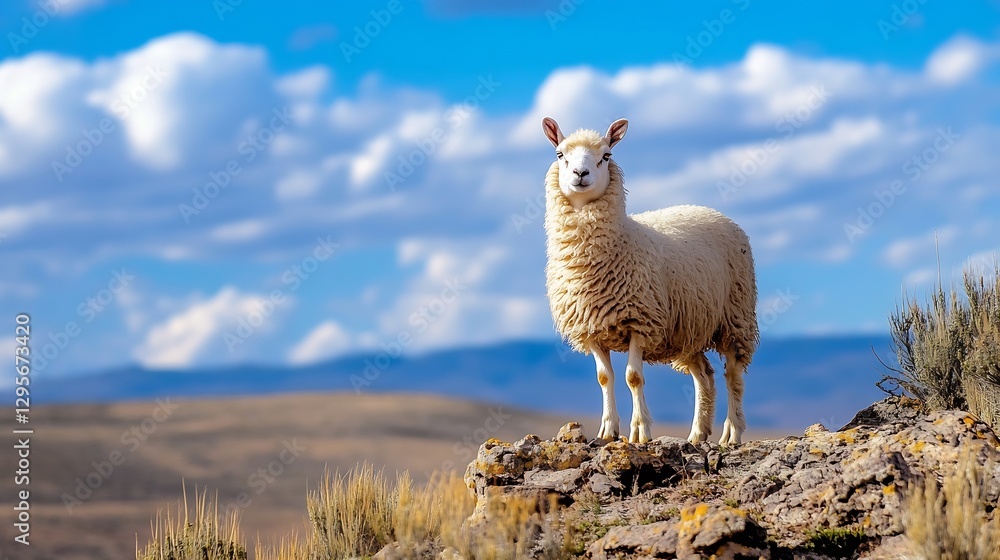 Fototapeta premium Adorable sheep standing proudly on rocky terrain with a backdrop of beautiful blue sky and clouds : Generative AI