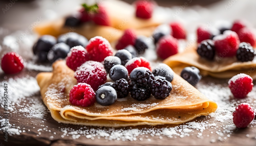 Homemade crepes with frozen berries, topped sugar, rustic wood board, vintage photography Homemade crepes with frozen berries, topped sugar, rustic wood board, vintage photography