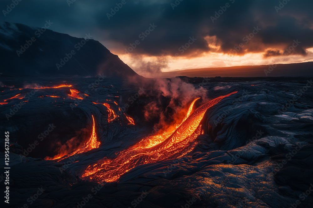Fototapeta premium Dramatic Volcanic Lava Flow at Sunset Fiery Eruption Dark Mountain Landscape