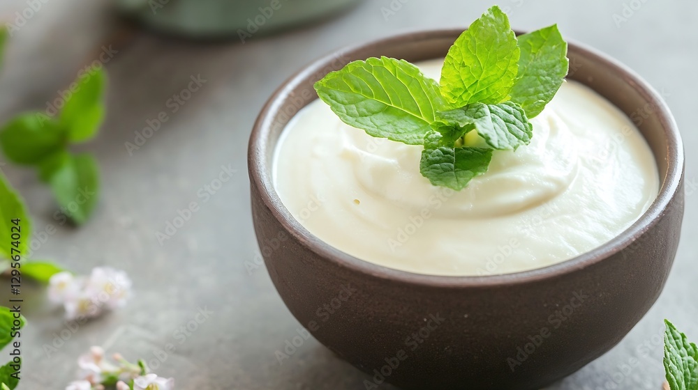 Delicious creamy yogurt in a brown bowl garnished with fresh mint leaves surrounded by herbs on a rustic surface : Generative AI Delicious creamy yogurt in a brown bowl garnished with fresh mint leaves surrounded by herbs on a rustic surface : Generative AI