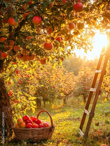 Apple Orchard Harvest Scene: A sun-drenched apple orchard at harvest time, laden with ripe red apples, with a ladder leaning against a tree, and a basket overflowing with the freshly picked fruit.