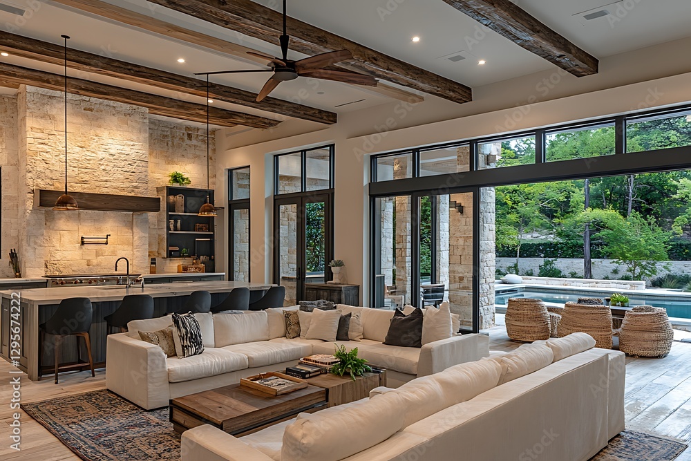 Fototapeta premium Modern kitchen, living room, pool view