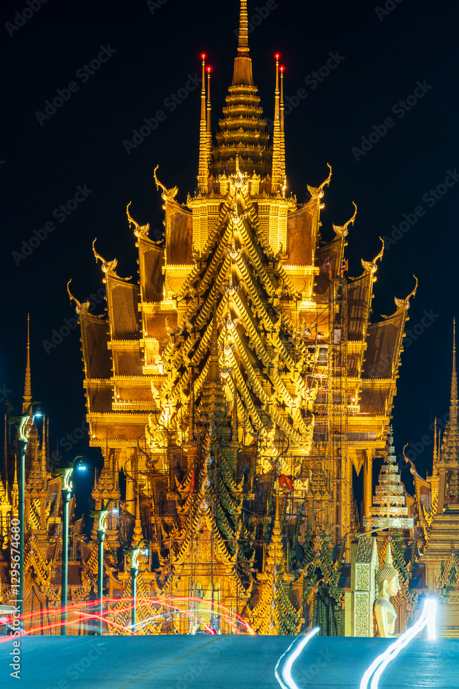 PHITSANULOK, THAILAND - February 11,2025:Turn on lights at night. beautiful Temple (Thai language:Wat Chan West) is a Buddhist temple (Thai language:Wat) It is a major tourist attraction Phitsanulok