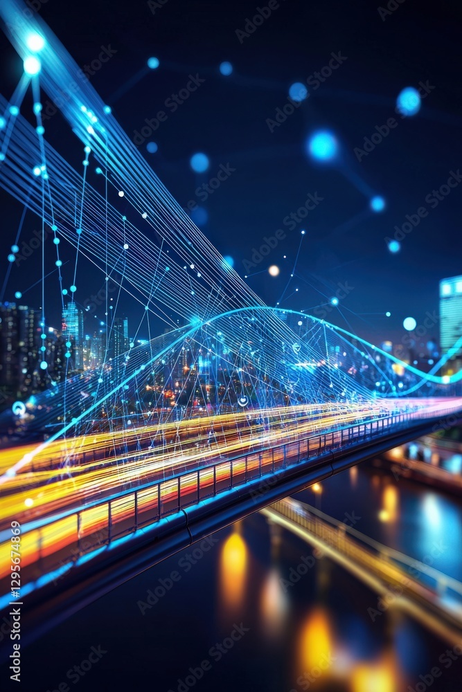 Obraz premium Digital Connectivity Over City Night Bridge