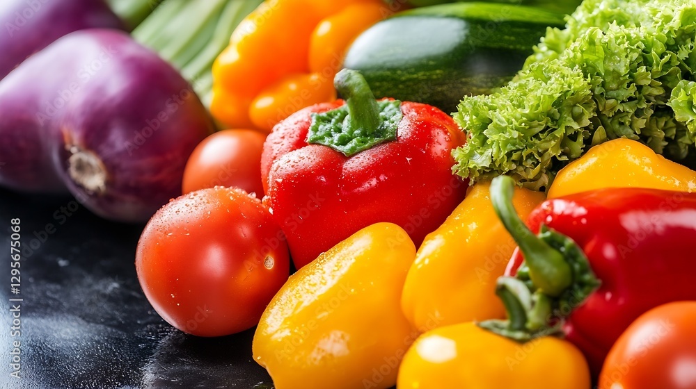 Vibrant assortment of fresh organic vegetables including bell peppers tomatoes and leafy greens on dark background : Generative AI Vibrant assortment of fresh organic vegetables including bell peppers tomatoes and leafy greens on dark background : Generative AI