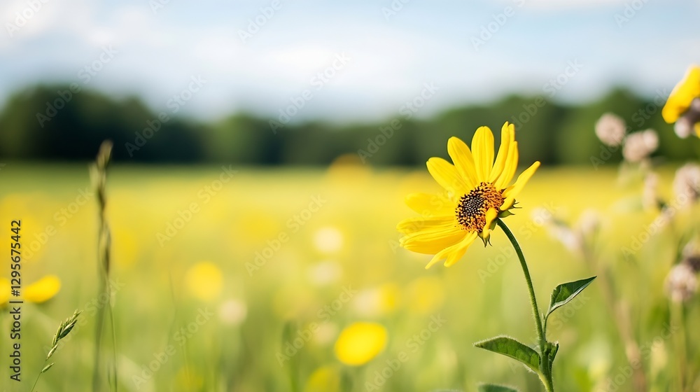 Fototapeta premium Bright yellow sunflower blooming in a lush green field under a sunny sky during summer season : Generative AI