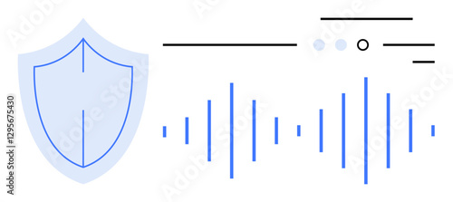 Shield icon next to sound waves and interface lines. Ideal for cybersecurity, digital security, data protection, online privacy, antivirus software, sound security systems, network protection. Line