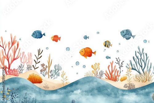 Cute Watercolor Ocean Scene with Fish and Coral Reef