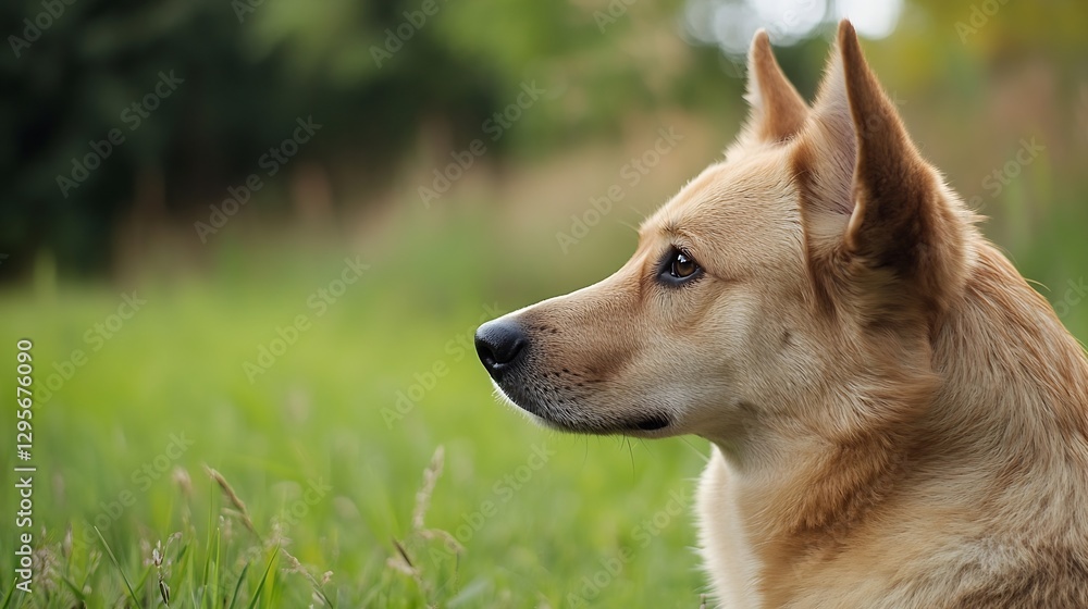 A closeup portrait of a calm and attentive dog resting in a green field surrounded by nature in a serene environment : Generative AI A closeup portrait of a calm and attentive dog resting in a green field surrounded by nature in a serene environment : Generative AI