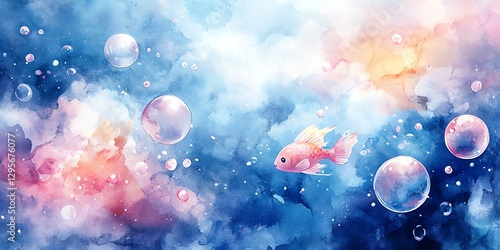 Pink Fish Swimming Among Bubbles in Watercolor Cloudscape Illustration