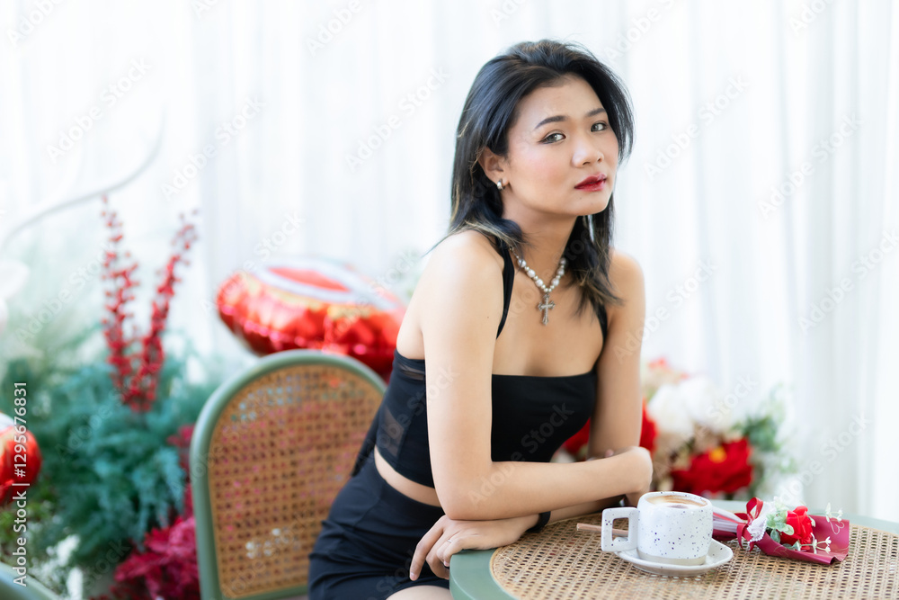 valentine's day, Portrait beautiful asian people woman fashion model in summer Black dress and coffee in cup holding bouquet of red roses in the living room inside or cafe