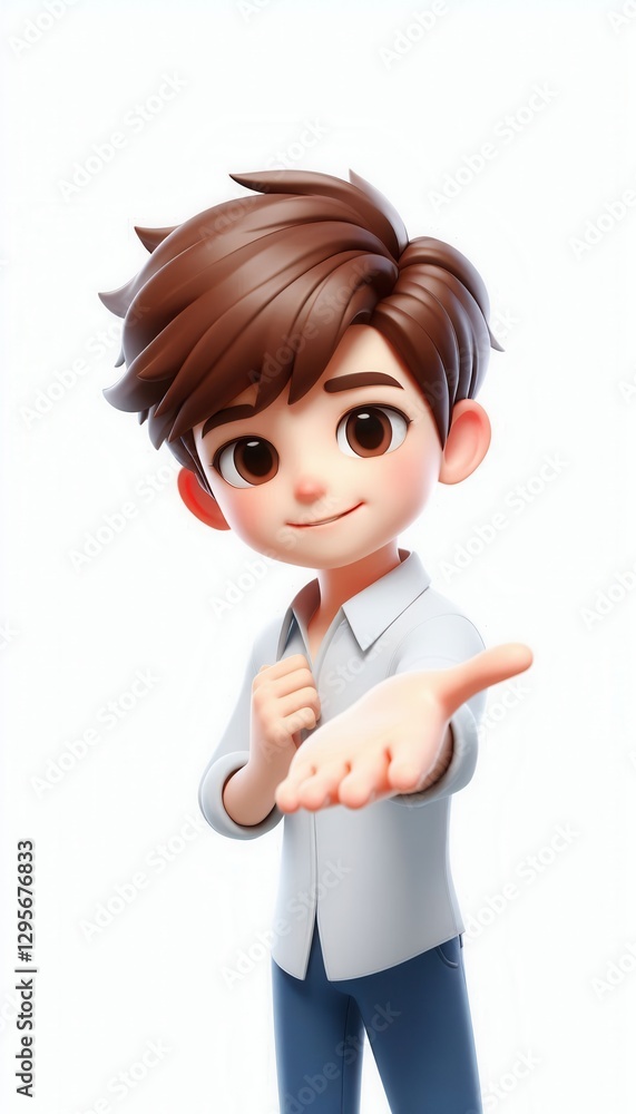 Friendly animated character offering help digital art white background playful style Friendly animated character offering help digital art white background playful style
