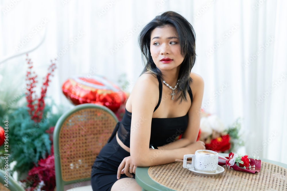 valentine's day, Portrait beautiful asian people woman fashion model in summer Black dress and coffee in cup holding bouquet of red roses in the living room inside or cafe