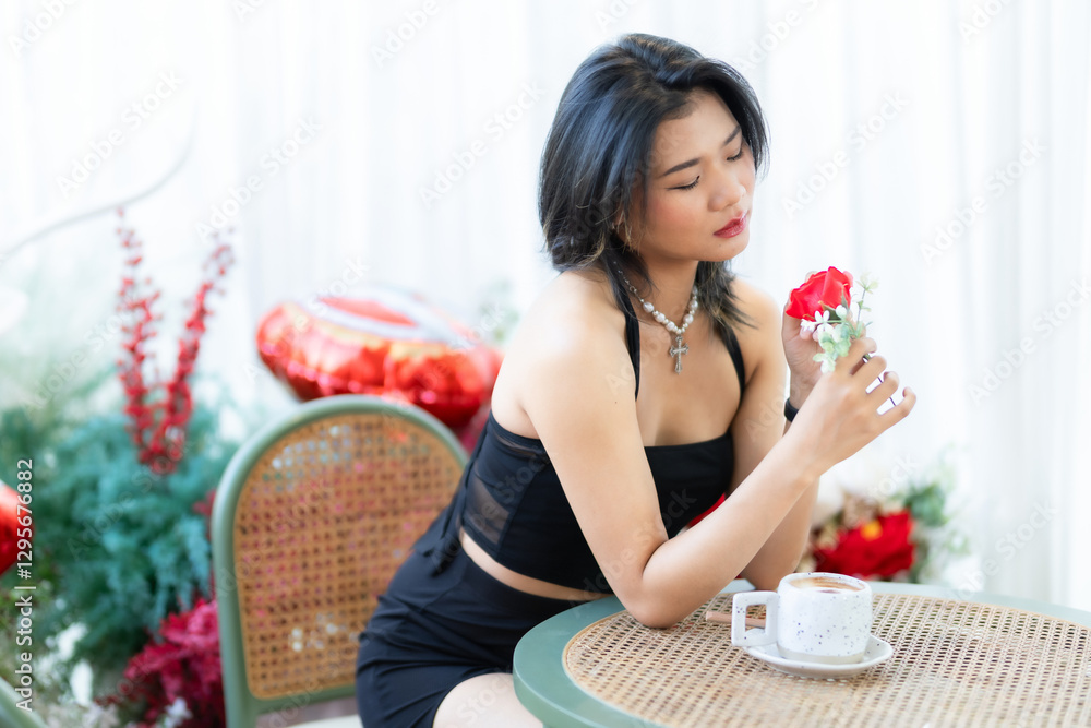 valentine's day, Portrait beautiful asian people woman fashion model in summer Black dress and coffee in cup holding bouquet of red roses in the living room inside or cafe