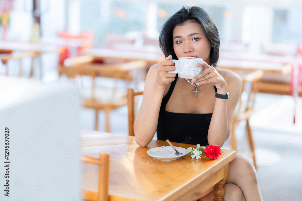 valentine's day, Portrait beautiful asian people woman fashion model in summer Black dress and coffee in cup holding bouquet of red roses in the living room inside or cafe