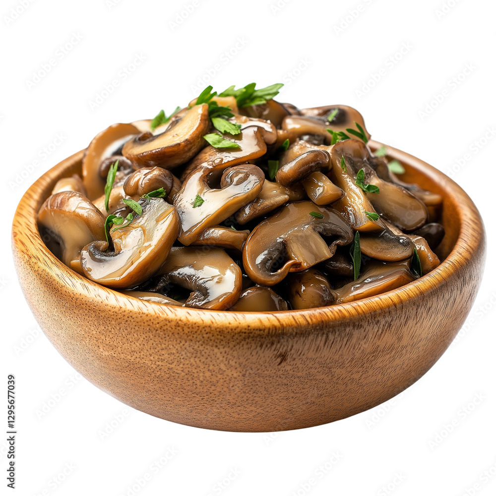 Fototapeta premium Wooden bowl filled with sautéed mushrooms isolated