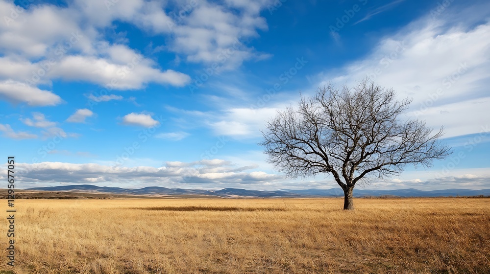 Isolated tree in vast field under a dramatic blue sky with fluffy clouds creating a peaceful atmosphere : Generative AI Isolated tree in vast field under a dramatic blue sky with fluffy clouds creating a peaceful atmosphere : Generative AI