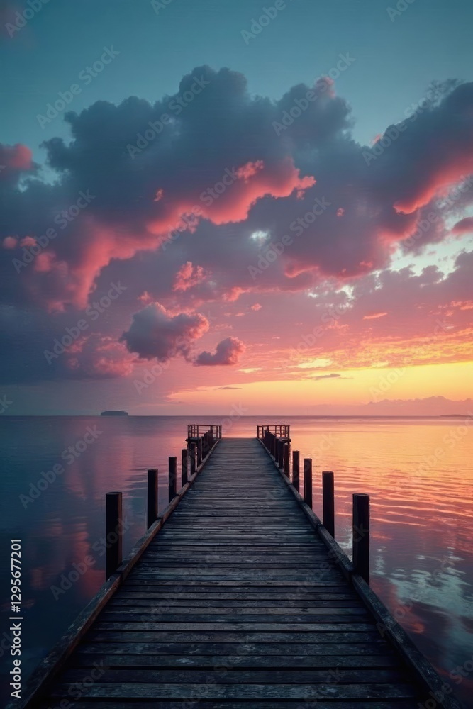 Obraz premium Low-pitched clouds above a wooden pier at dusk, misty, sunset
