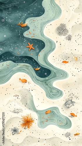Watercolor Beach Illustration with Fish and Starfish for Kids