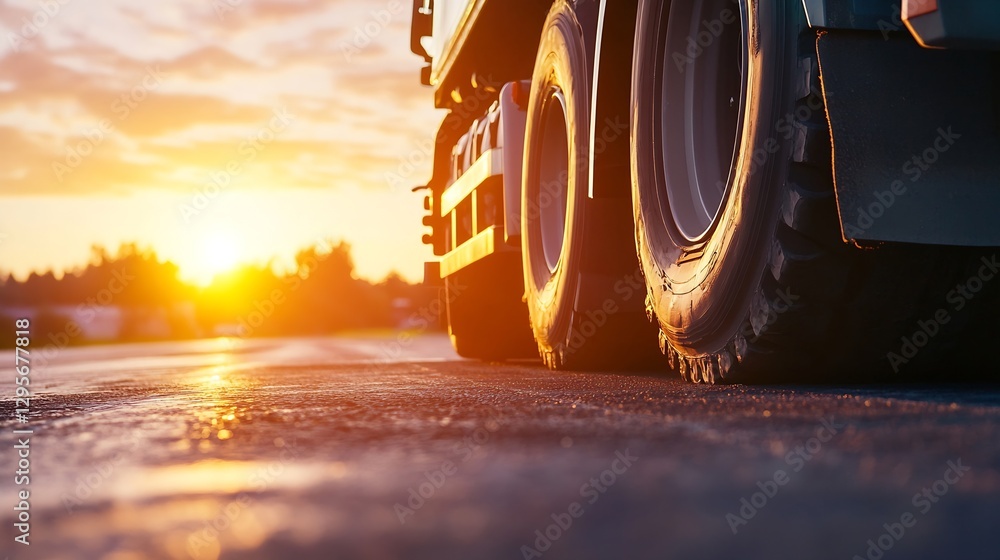 Detailed Low Angle View of Truck Wheels on a Sunset Road Capturing the Essence of Travel and Journey : Generative AI