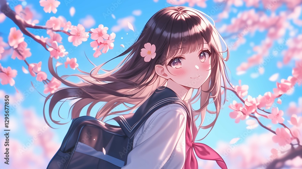 桜の木の下で髪をなびかせているアニメ調の日本人美少女 桜の木の下で髪をなびかせているアニメ調の日本人美少女