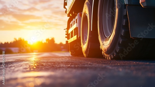 Obraz na płótnie Detailed Low Angle View of Truck Wheels on a Sunset Road Capturing the Essence of Travel and Journey : Generative AI w salonie