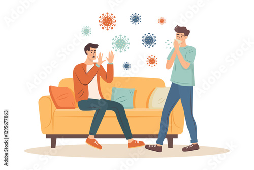 Man sits on the sofa and is afraid of viruses from a sneezing or coughing person passing by. Virus attack, epidemic concept.