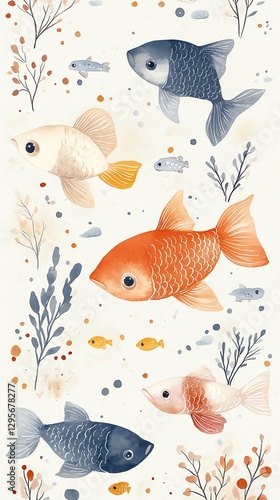 Watercolor Fish Pattern with Aquatic Plants and Seaweed Illustration