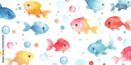 Cute Watercolor Fish Pattern with Bubbles, Colorful and Playful