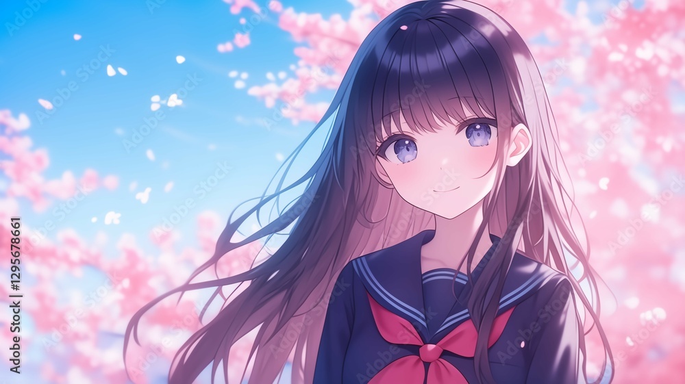 桜の木の下で髪をなびかせているアニメ調の日本人美少女